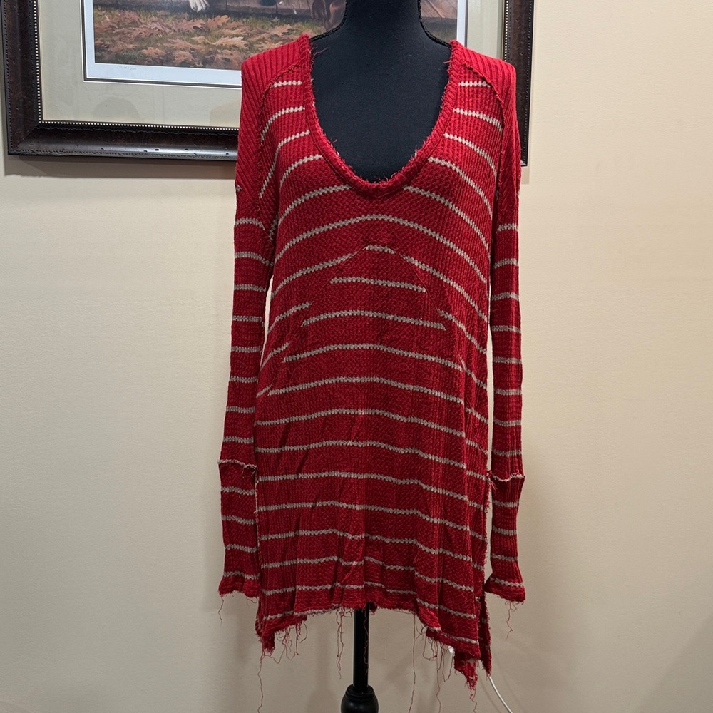 Free People Red and White Striped Long Sleeve Top